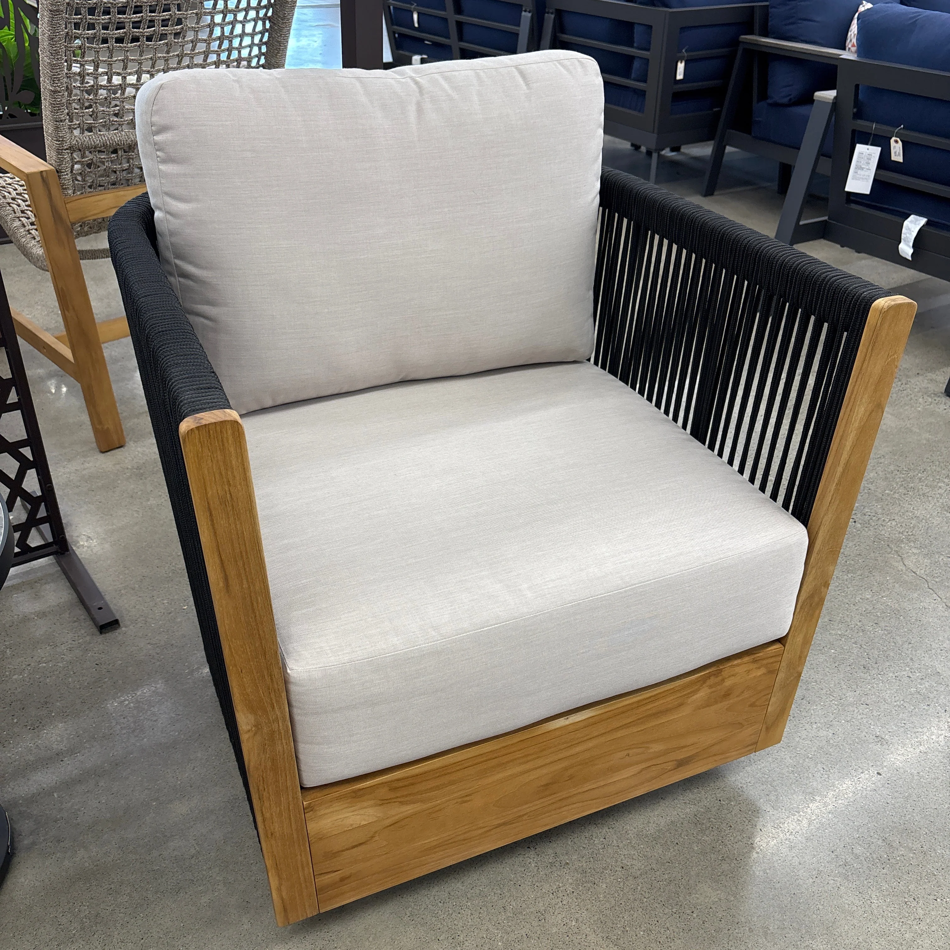 Outdoor Interiors, Swivel Chair with Cushions, Black Rope on Teak Frame - Image 2