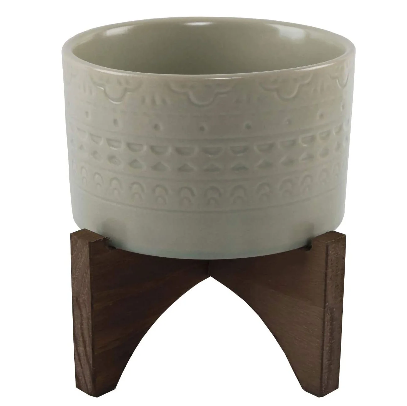 Flora Bunda Mid Century Mayan Ceramic Planter on Wood Stand, Matte, 5-inch