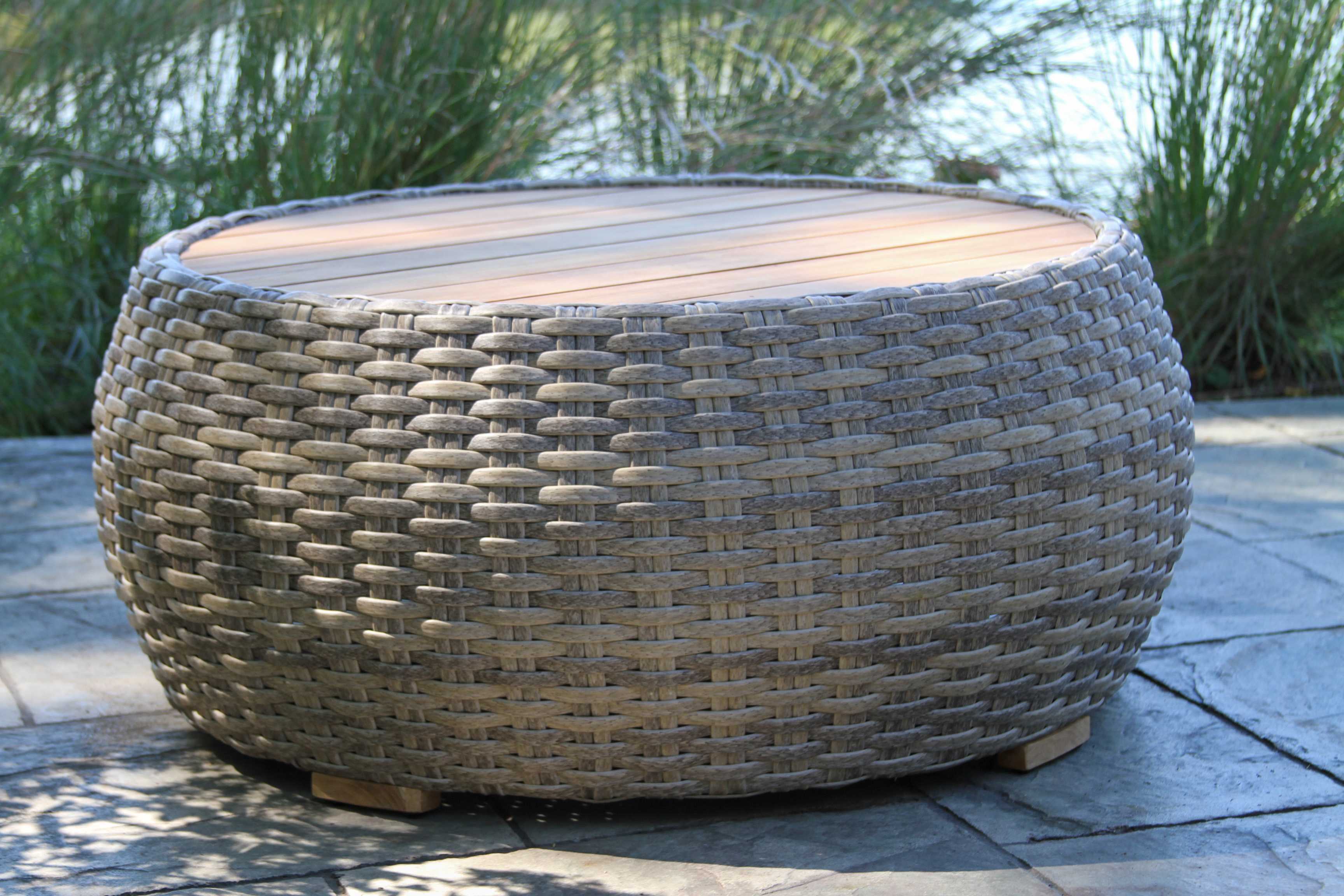 Outdoor Interiors, 36” Round Teak and Wicker Coffee Table